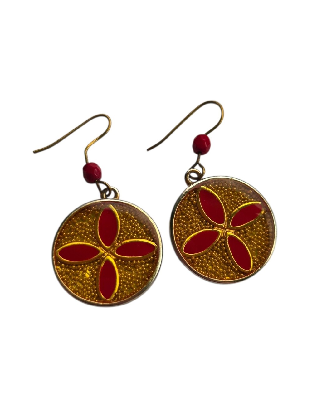 Chico’s Red Enamel Gold Tone Flower Dangle Earrings Boho Round Drop Jewelry EUC